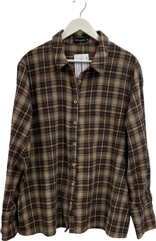 PrettyLittleThing Brown Oversized Checked Flannel Shirt One Size