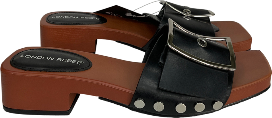 london rebel Heeled Sandal With Buckle Detail In Black Faux Leather UK 5 EU 38 👠