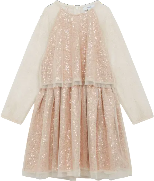 REISS Kids Metallic Rose Gold Sequin Layered Long Sleeve Dress 5-6 Years