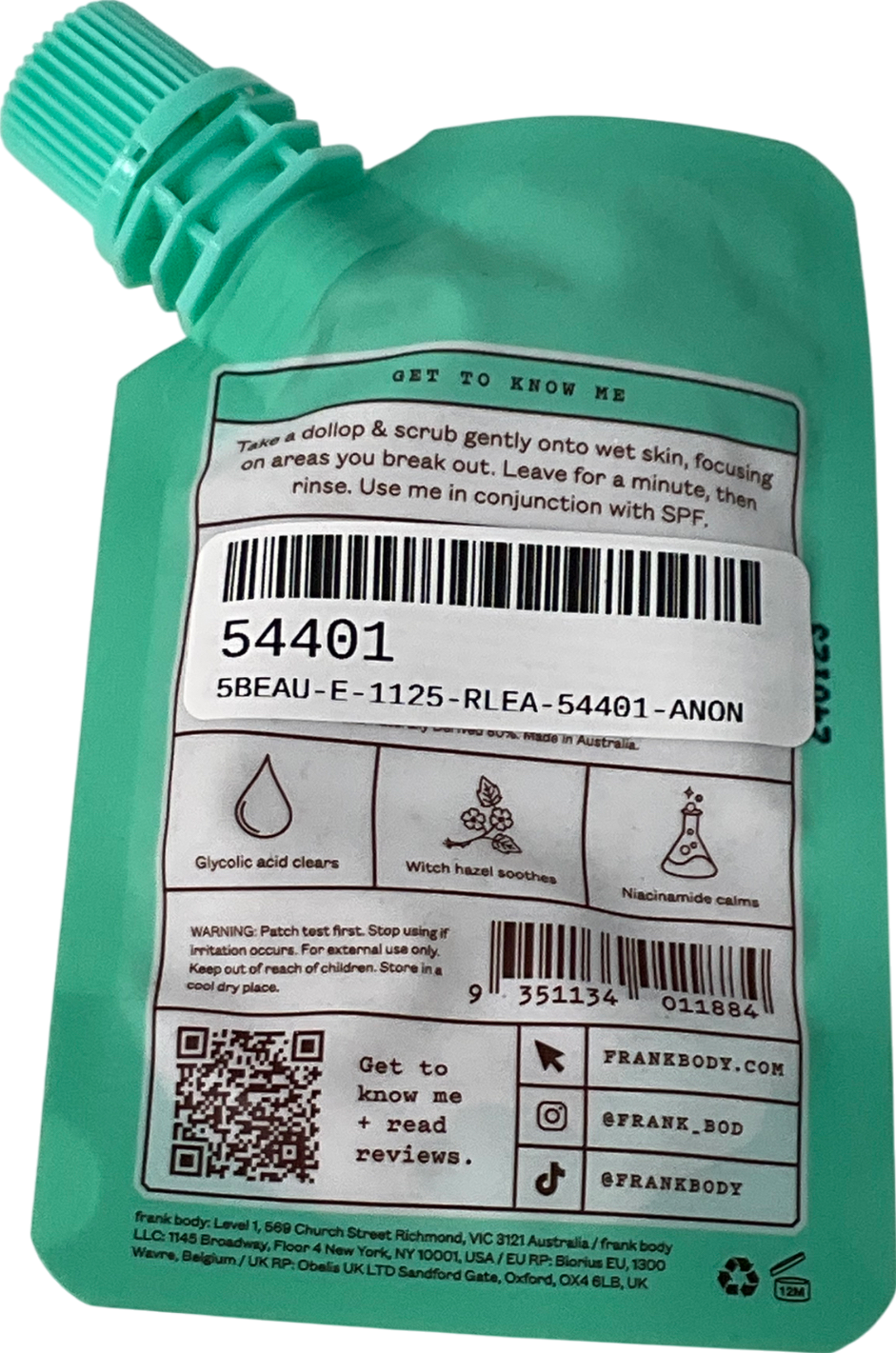 FRANK BODY Glycolic Body Scrub Green UK 30G