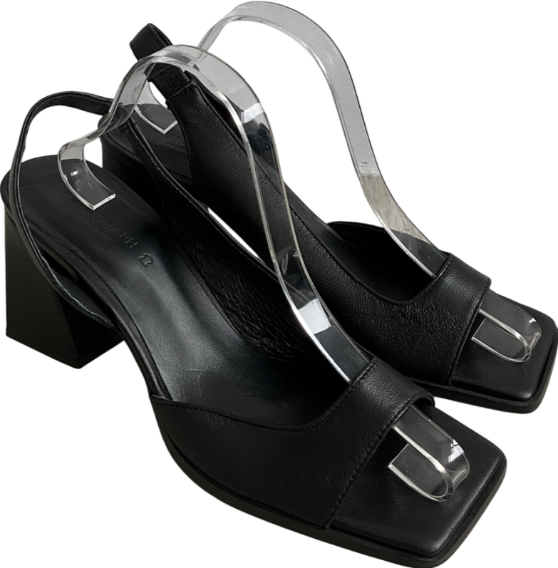 M&S Black Square Toe Leather Chunky Heels UK 8 EU 41 👠