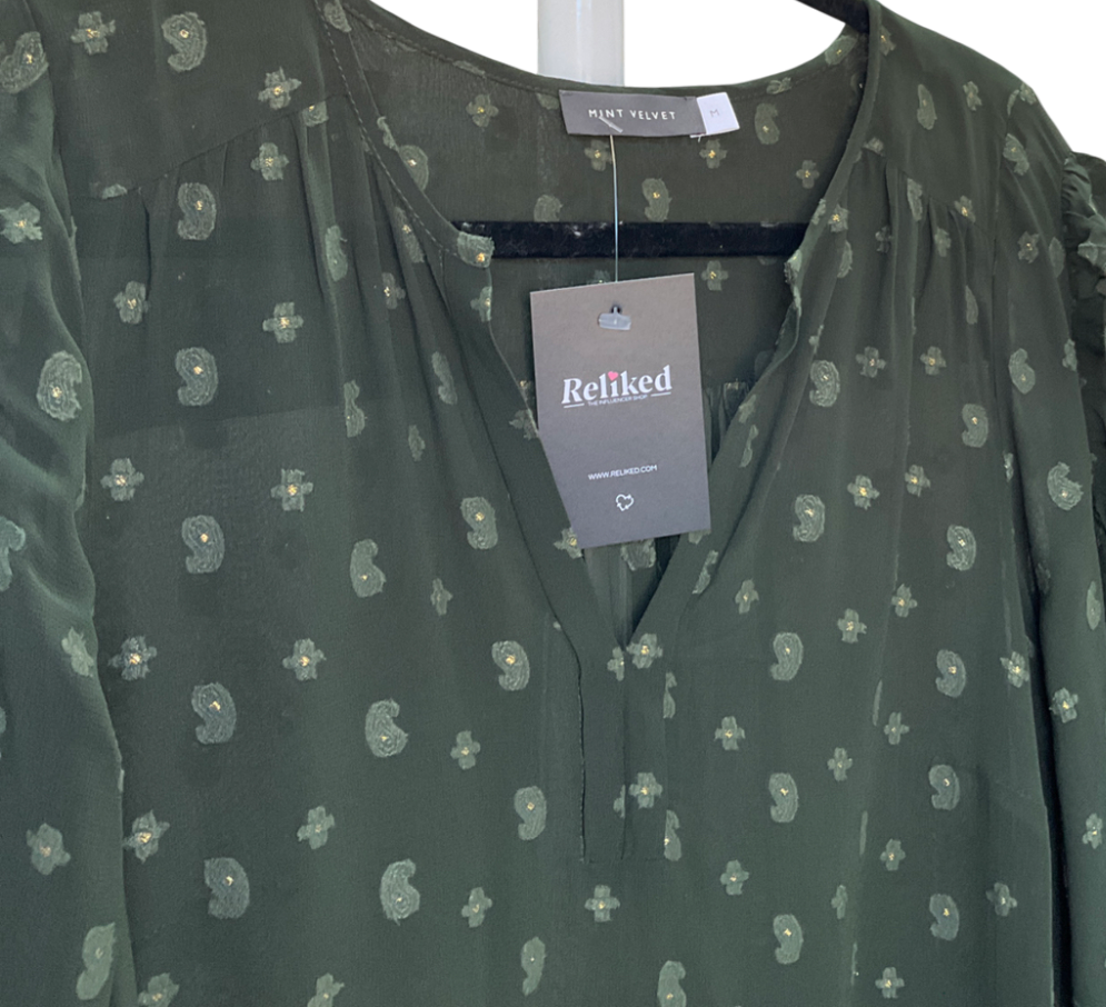 Mint Velvet Green V-neckline Long Sleeved Blouse With Ruffled Detailing And A Subtle Floral Print UK M