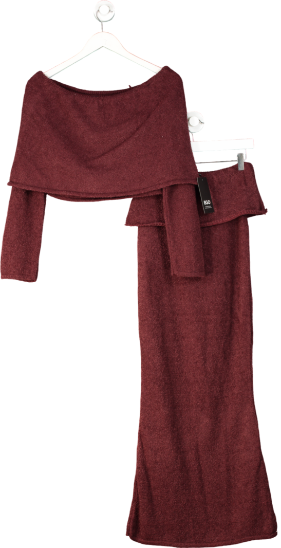 Ego Purple Mid Rise Extreme Foldover Maxi Skirt And Off The Shoulder Plum Knit Top UK M