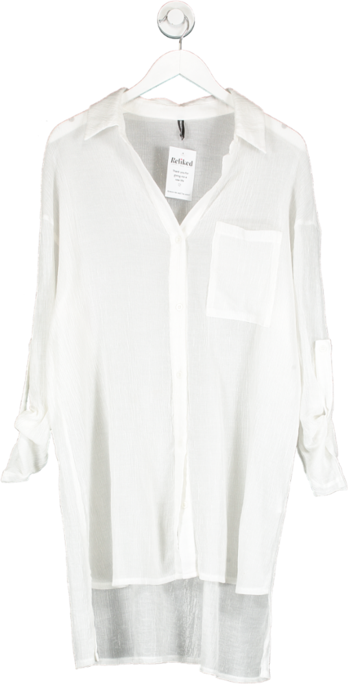 PrettyLittleThing White Semi Sheer Textured Shirt UK 12