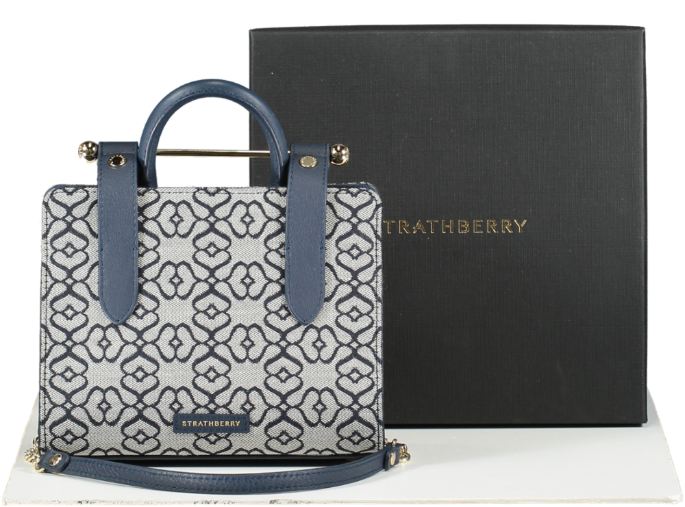 Strathberry Blue Nano Monogram Tote in Box