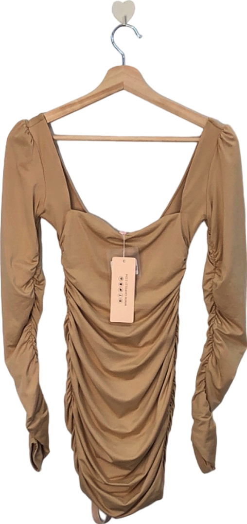 Oh Polly Beige Ruched Long Sleeve Mini Dress Size 8