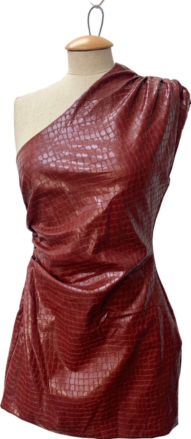 PLT Label Burgundy One Shoulder Faux Leather Dress UK 8