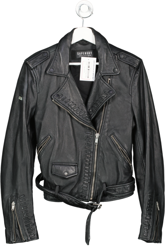 Superdry Black Leather Biker Jacket UK 12
