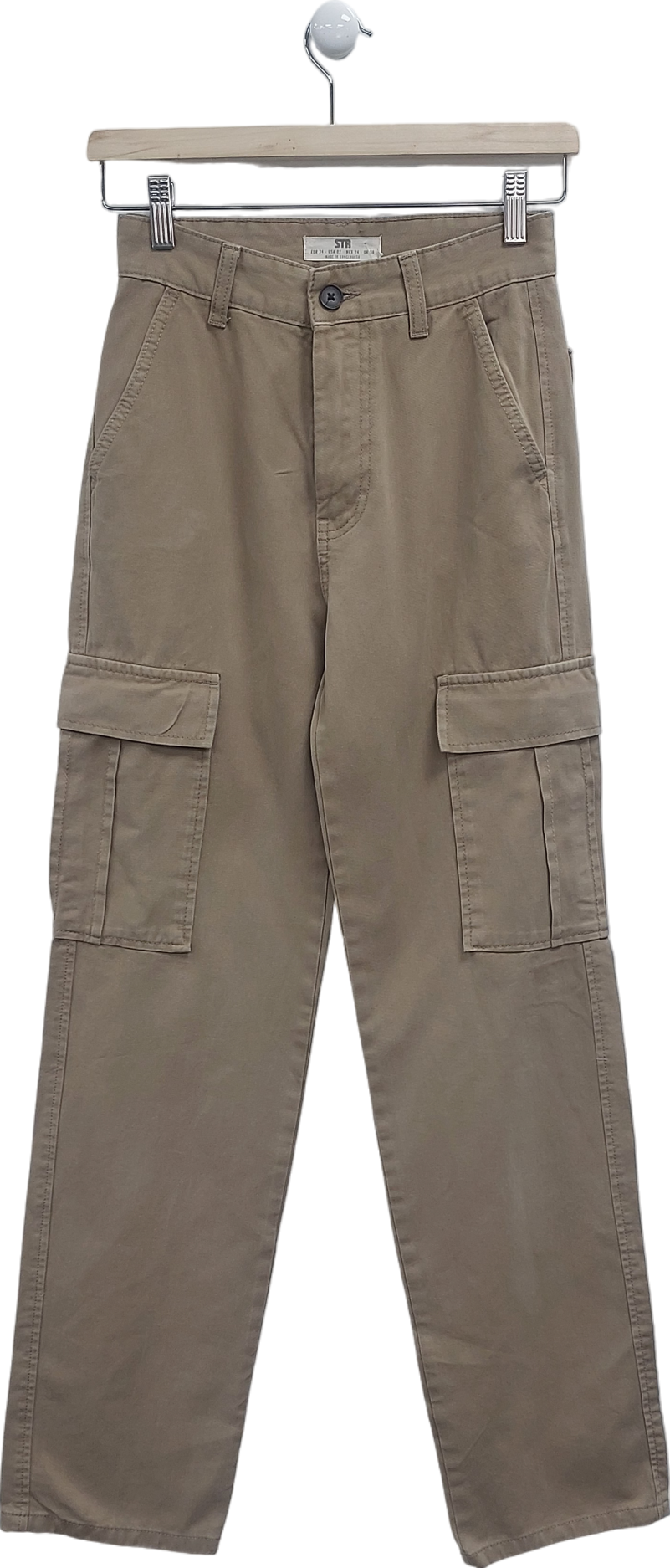 Stradivarius Beige Straight Leg Cargo Trousers In Stone UK 6