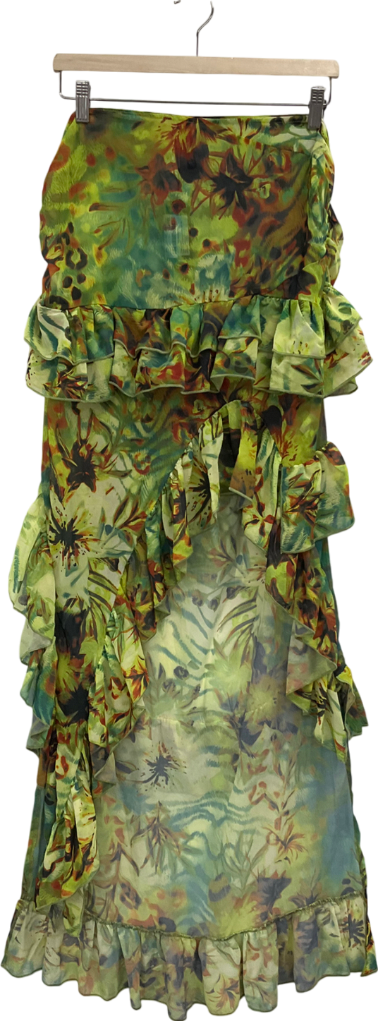 PrettyLittleThing Green Tropical Printed Chiffon Frill Detail Maxi Skirt UK 12