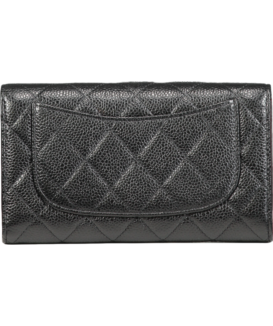 CHANEL Classic Long Flap Wallet in Black Caviar Leather with Silver Hardware