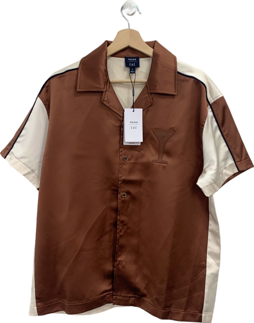 Reiss Tobacco/Cream Satin Colourblock Shirt UK M