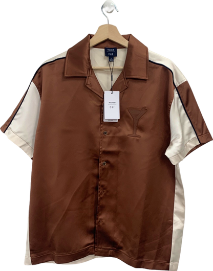 Reiss Tobacco/Cream Satin Colourblock Shirt UK M