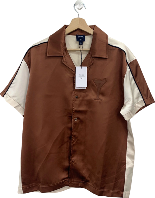 Reiss Tobacco/Cream Satin Colourblock Shirt UK M