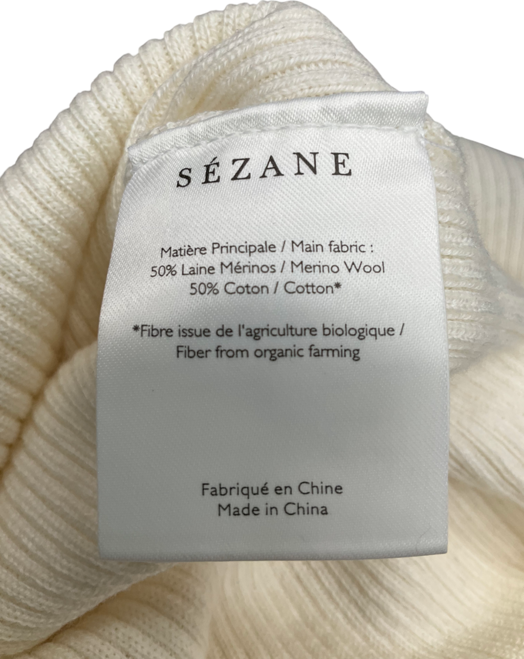 Sezane Cream Cotton Wool Blend Ribbed Bodysuit UK M
