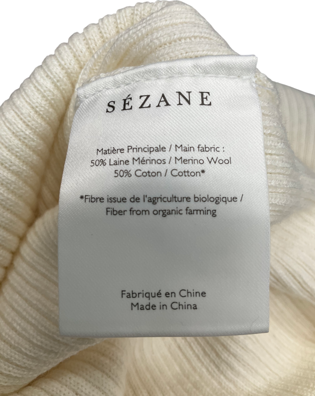 Sezane Cream Cotton Wool Blend Ribbed Bodysuit UK M