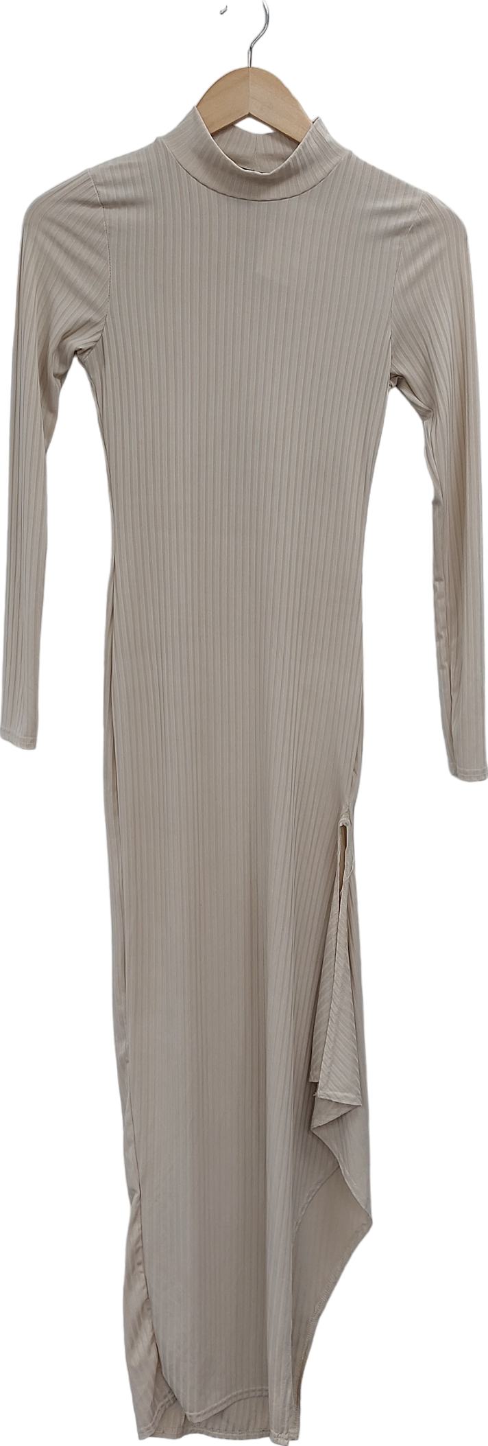 PrettyLittleThing Beige Side Split Ribbed Maxi Dress UK 6