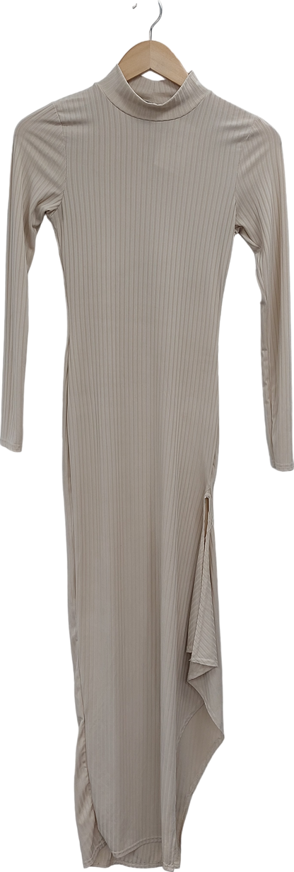 PrettyLittleThing Beige Side Split Ribbed Maxi Dress UK 6