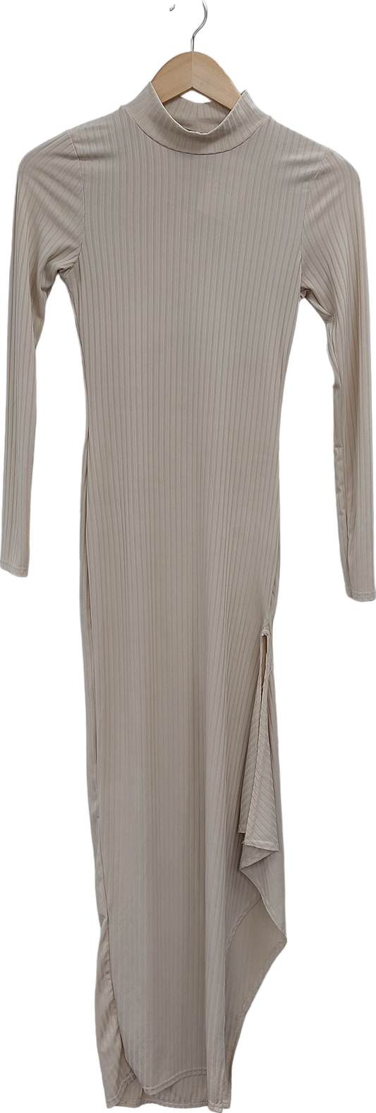 PrettyLittleThing Beige Side Split Ribbed Maxi Dress UK 6