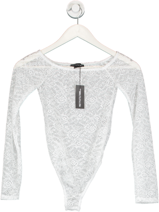 PrettyLittleThing White Lace Bardot Long Sleeve Bodysuit UK 8