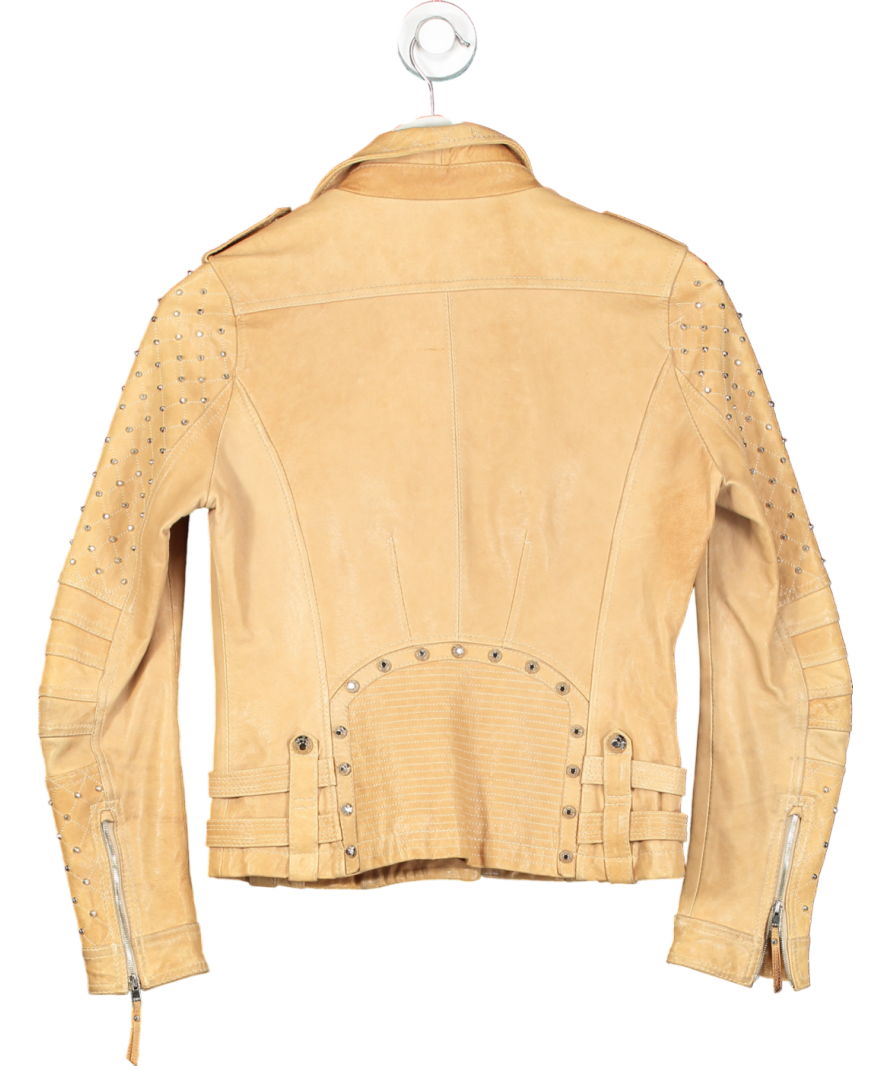 Royal Sunday Beige Camel Leather Jacket Silver Studded Arms UK 8