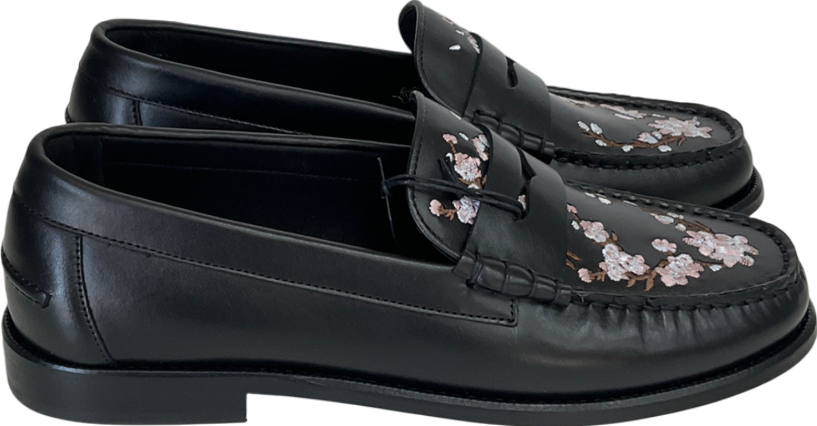 River Island Black Pink Leather Cherry Blossom Loafers UK 8👠