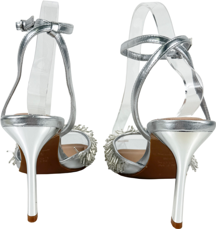 New Look Metallic Silver Faux Leather Beaded Strap Stiletto Sandals UK 5 EU 38
