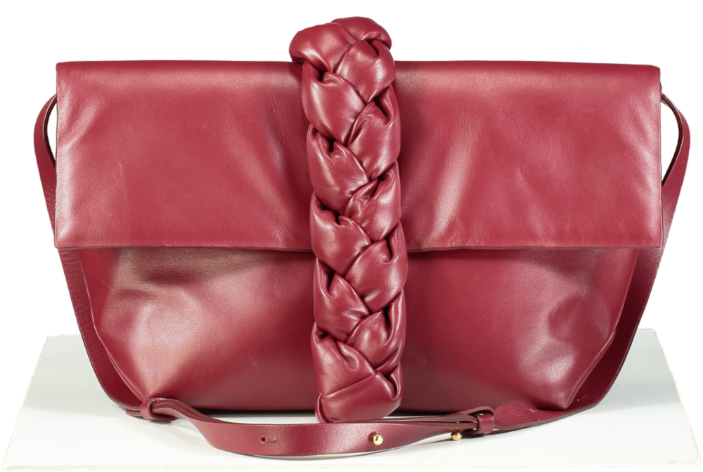 DeMellier Burgundy Leather Verona Braided Calfskin Clutch Bag with shoulder strap In Ruby Smooth