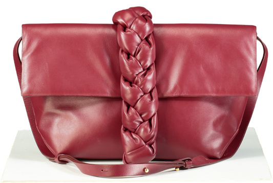 DeMellier Burgundy Leather Verona Braided Calfskin Clutch Bag with shoulder strap In Ruby Smooth