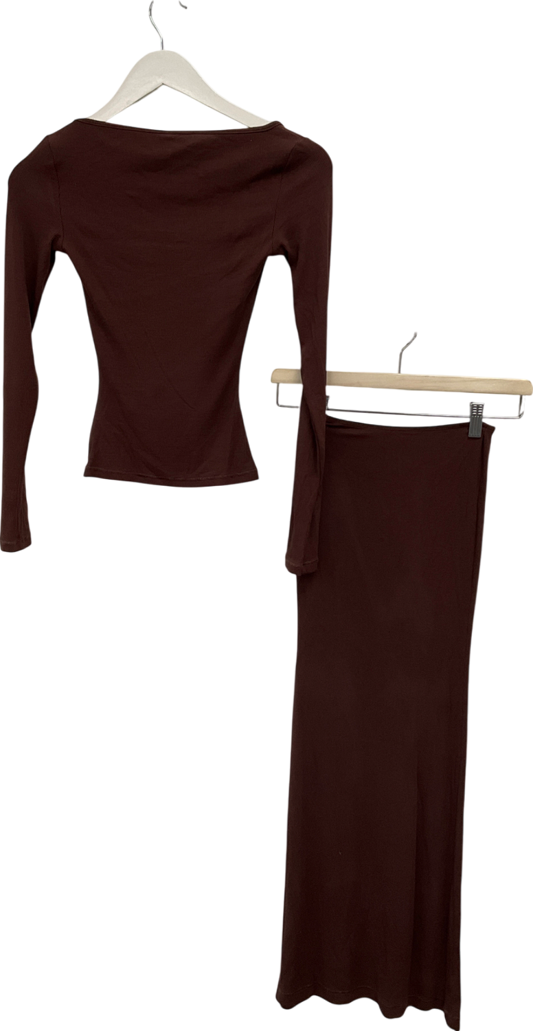 Oh Polly Brown Ribbed Modal Mid Rise Maxi Skirt In Chocolate & Top UK XS