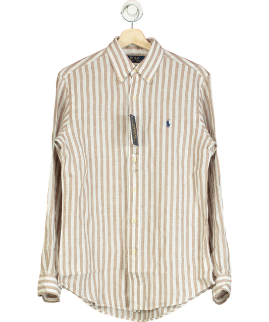 Polo Ralph Lauren Beige/Ivory 100% Linen Logo Embroidered Striped Shirt UK S