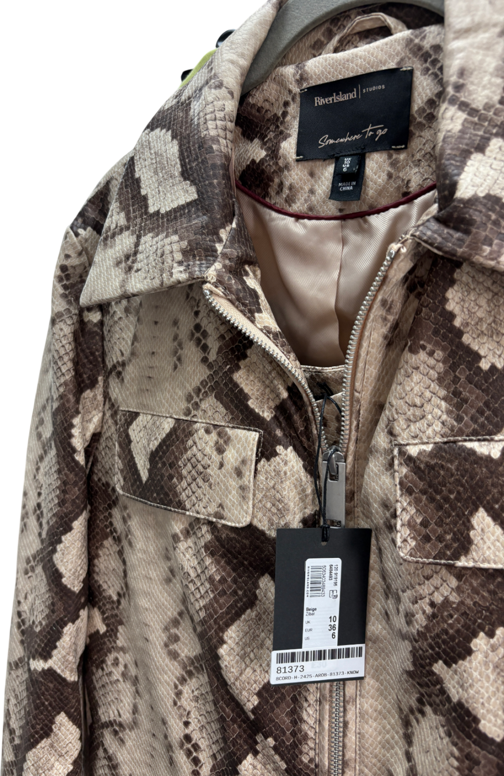 River Island Beige Snake Print Faux Leather Jacket And Shorts UK 10