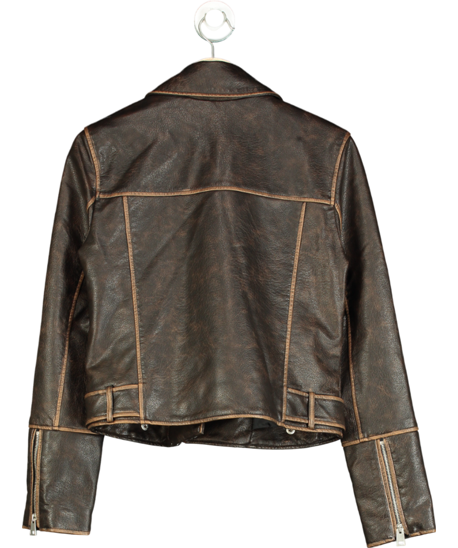 River Island Brown Faux Leather Distressed Biker Jacket UK 8