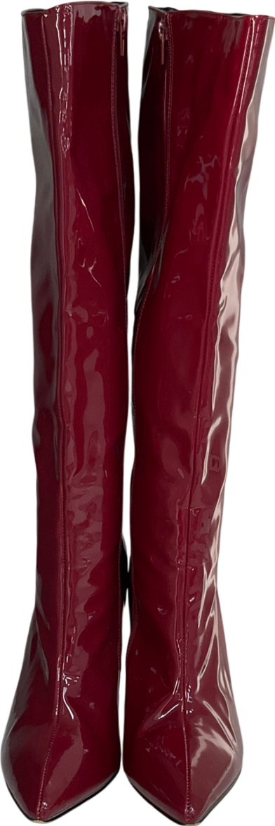 PrettyLittleThing Cherry Red Point Toe Patent Pu Angled Edge Knee High Heeled Boots UK 9 EU 42 👠