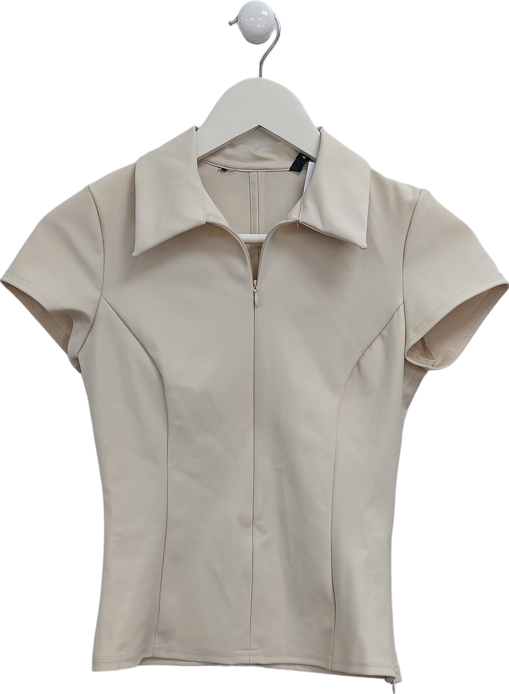 ZARA Beige Full Zip Short Sleeve Top UK S