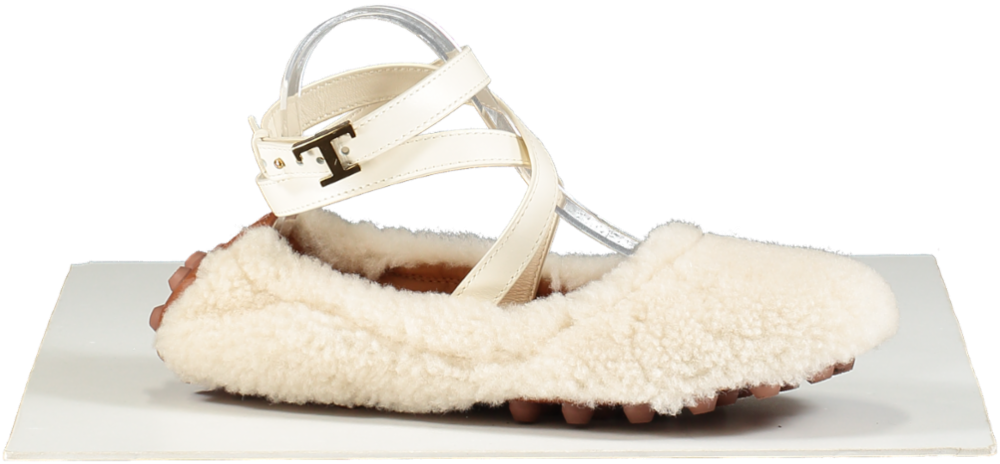 Tod's White Shearling Ankle Strap Ballet flats UK 6 EU 39 👠