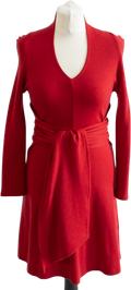 AMANDA WAKELEY Red Ted Wool Long Sleeve Dress With Waist Tie UK 10