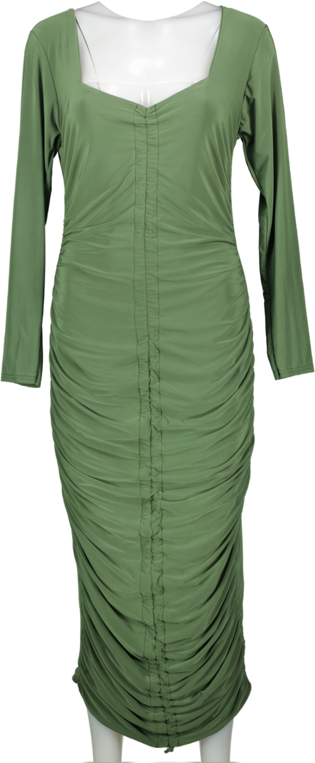 Missguided Green Khaki Long Sleeve Slinky Ruched Midi Dress UK 16