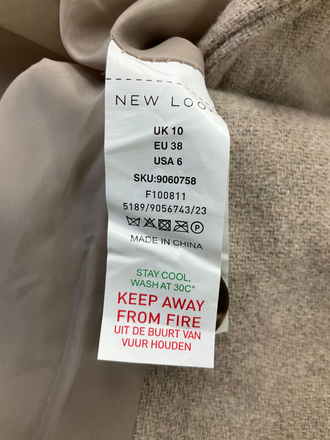 New Look Beige Wool Look Double Breasted Coat UK 10