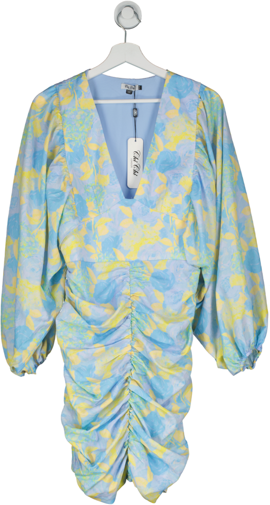 Chi Chi London Blue Ruched Long Sleeve Floral Print Mini Dress UK 12