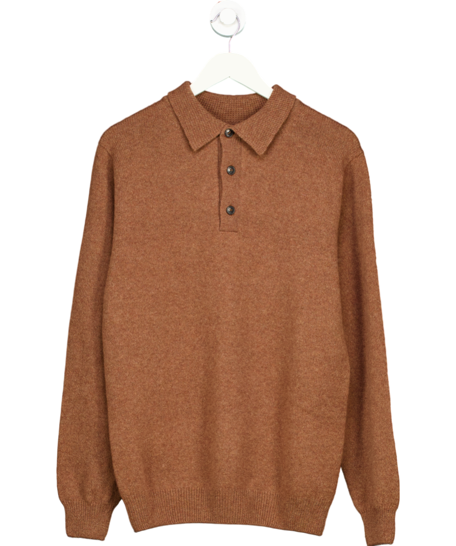 Sunspel Brown 100% Lambswool Long Sleeve Polo Shirt UK M