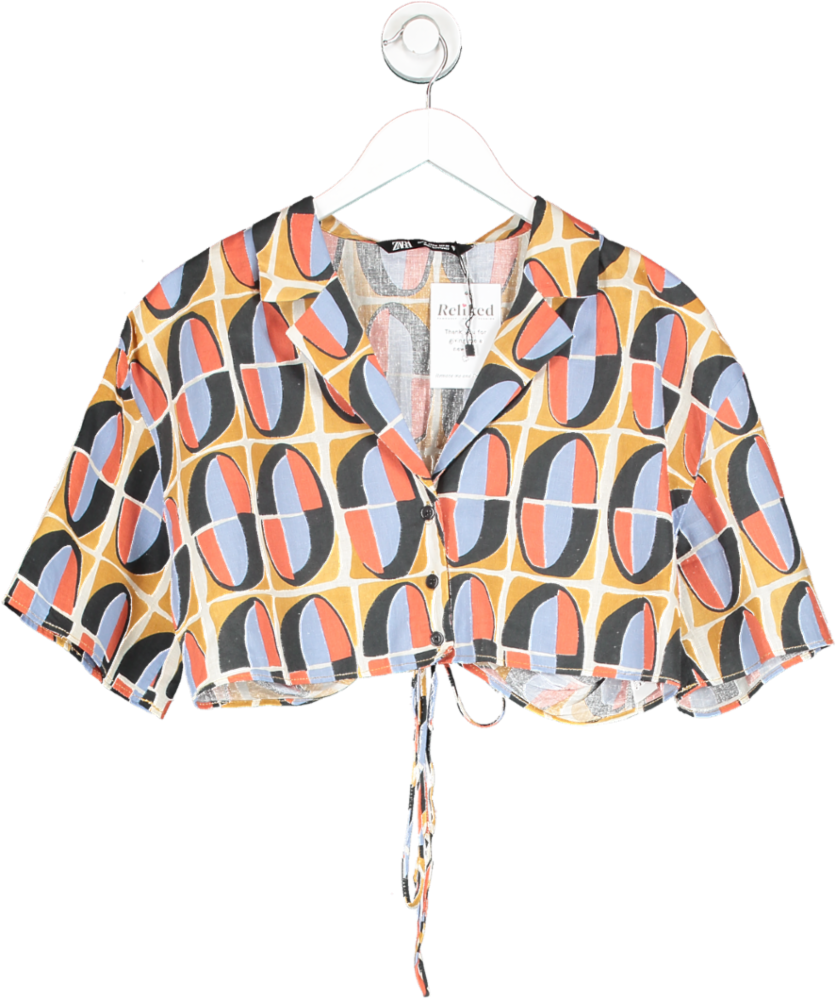 ZARA Multicoloured Linen Blend Printed Cropped Shirt UK M