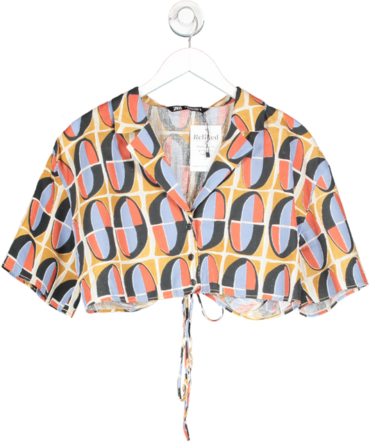 ZARA Multicoloured Linen Blend Printed Cropped Shirt UK M