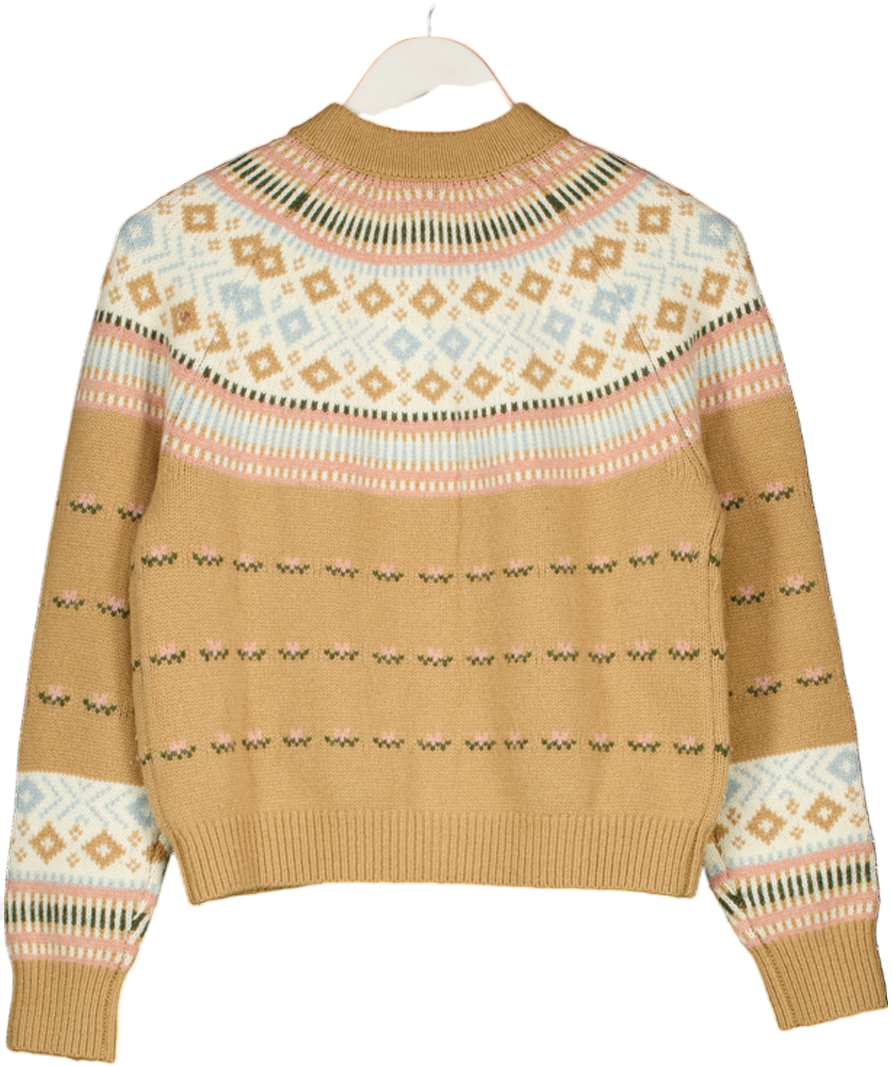 HILL HOUSE Brown The Ren Wool Blend Fair Isle Cardigan UK XS
