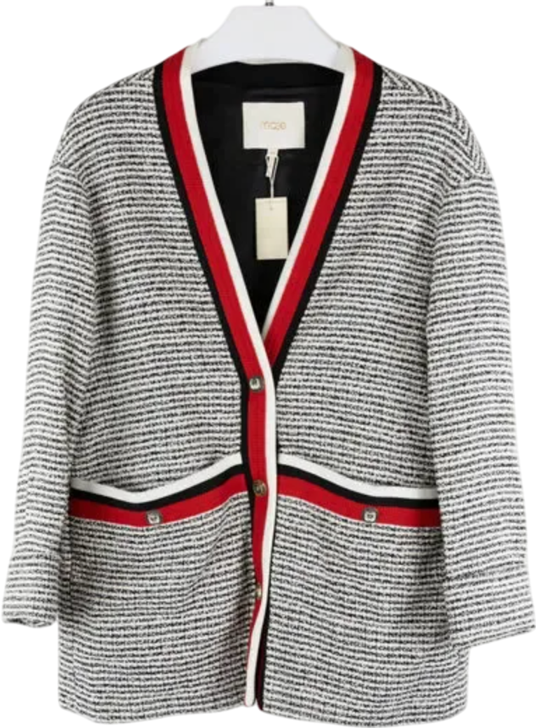 Maje Black / Ivory / Red Visala Tweed Boucle Jacket Fr36 UK 8