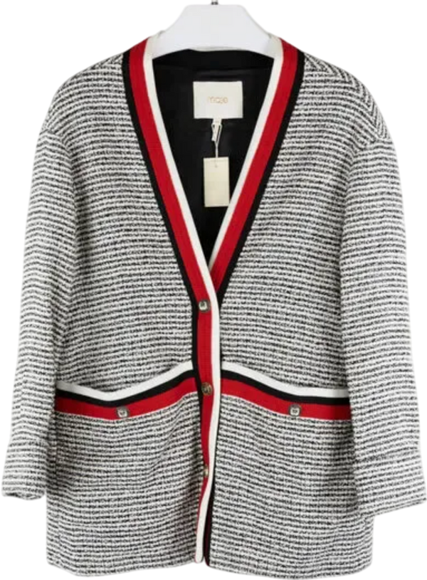 Maje Black / Ivory / Red Visala Tweed Boucle Jacket Fr36 UK 8