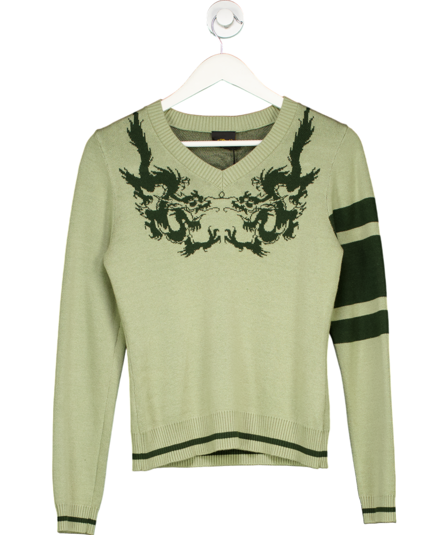 ed hardy Green Dancing Dragon V-neck Knitted Jumper UK M