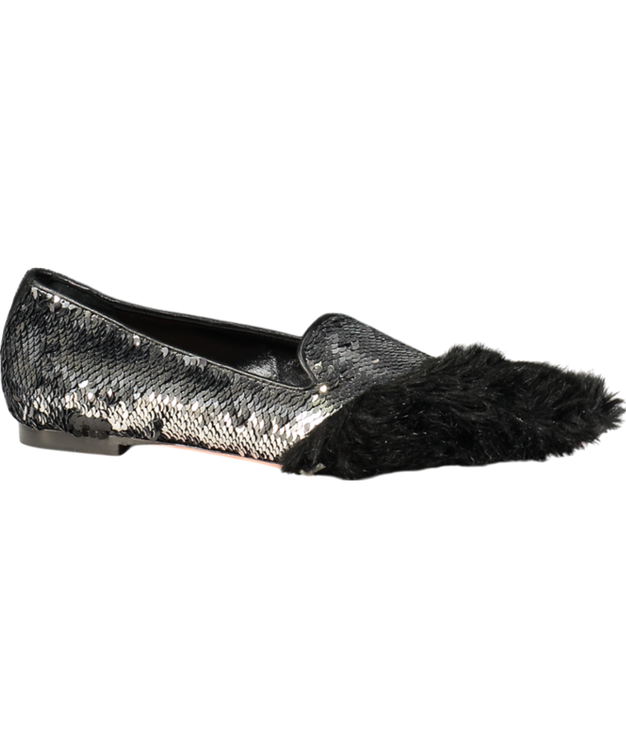 JF London Black Sequin Fur Flat Pumps UK 6 EU 39 👠