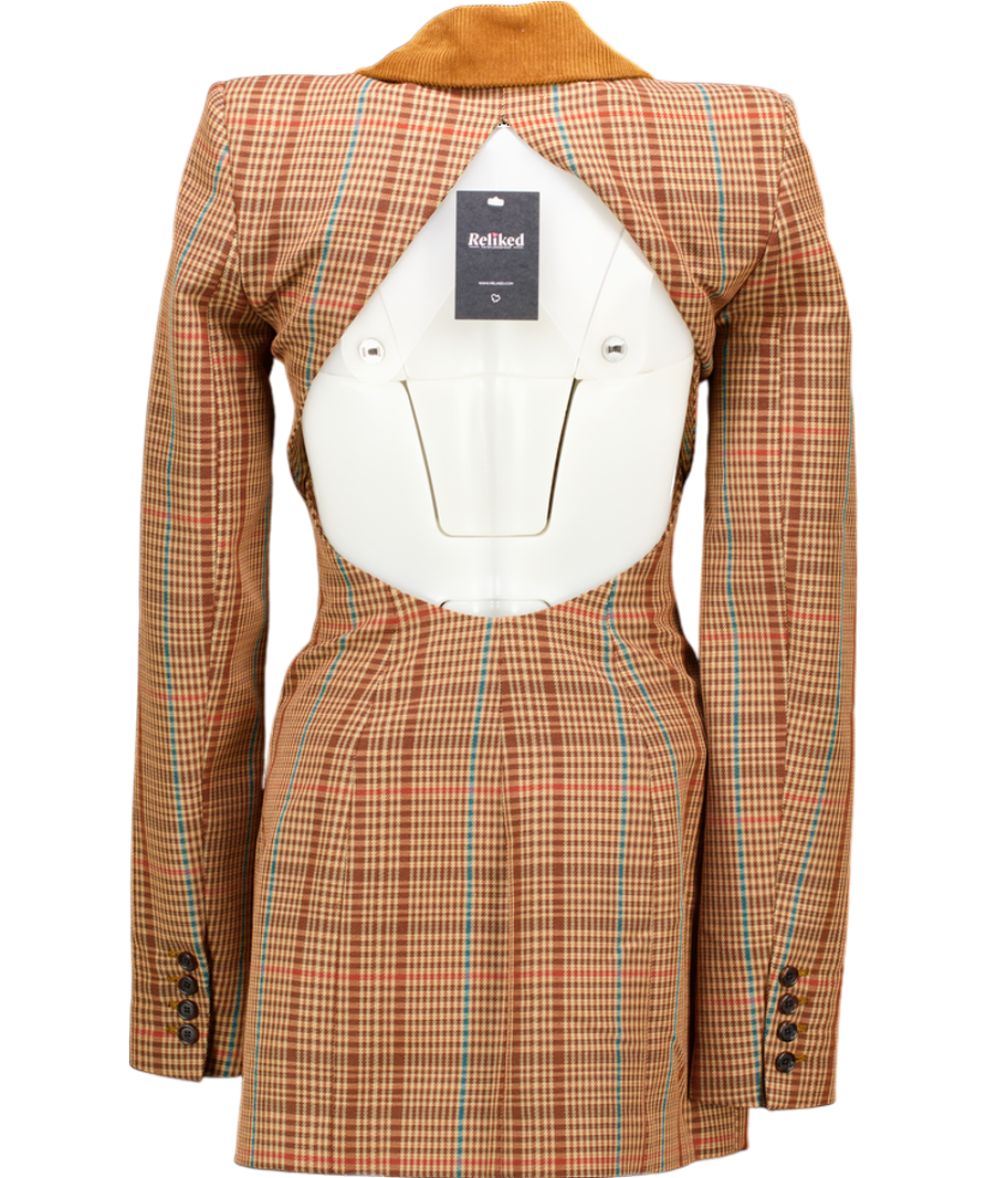 AREA Brown Crystal Button Checked Open Back Blazer Dress UK 6