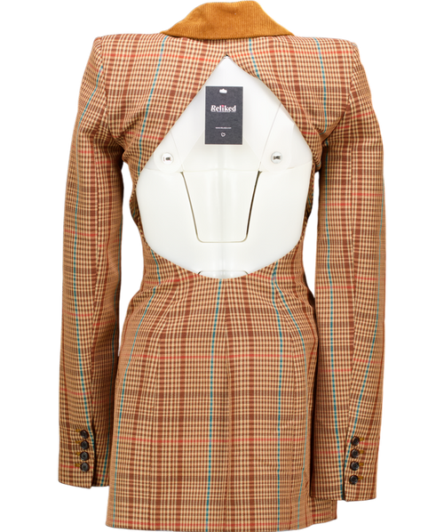 AREA Brown Crystal Button Checked Open Back Blazer Dress UK 6